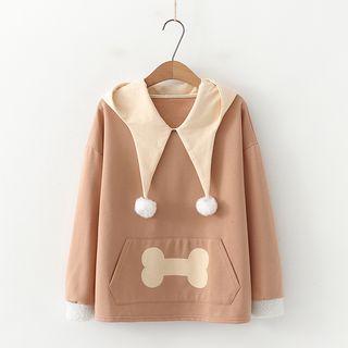 Pompom Cartoon Dog Long-sleeve Top Coffee - One Size