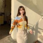 Color-block Long-sleeve Cardigan Champagne - One Size