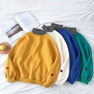 Mock Two-piece Panel Heart Embroidered Mock-neck Fleece Sweatshirt