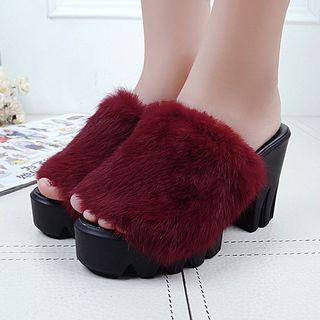 Faux Fur Band Peep Toe Platform Block Heel Sandals