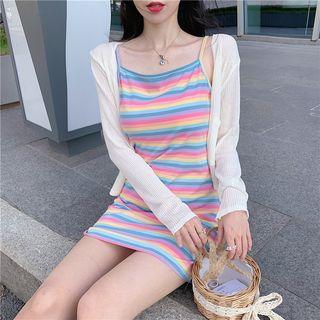 Plain Cardigan / Striped Spaghetti-strap Dress