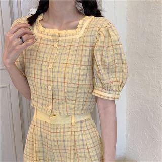 Gingham Square-neck Top / Gingham Ruffled Shorts