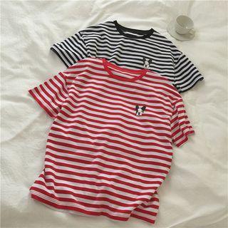 Short-sleeve Striped Dog Print T-shirt