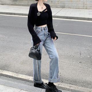 Fray Hem High Waist Loose Fit Jeans