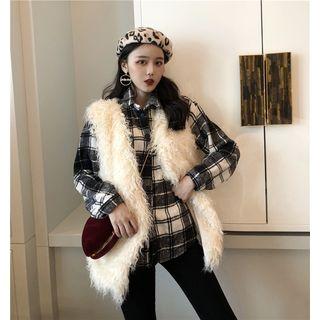 Plaid Long-sleeve Loose-fit Shirt / Furry Vest
