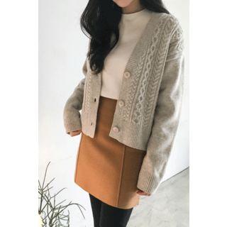 V-neck Wool Blend Cable Cardigan