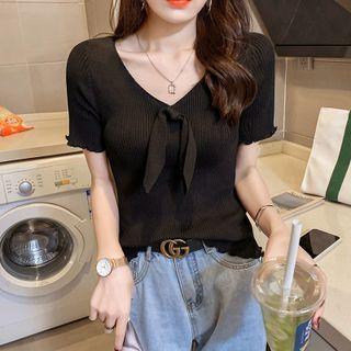 V-neck Bow Knit Crop Top