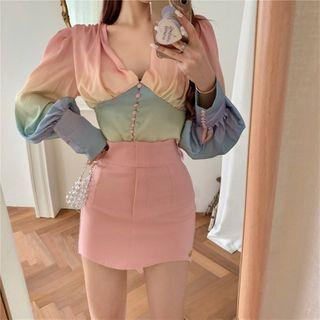 Puff-sleeve Rainbow Ombre Cropped Blouse / Mini Skirt