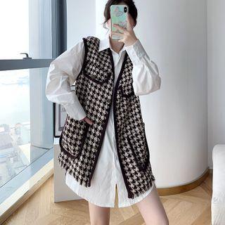 Set: Houndstooth Vest + Plain Shirt Dress