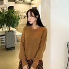 Round-neck Pointelle-knit Top Brown - One Size