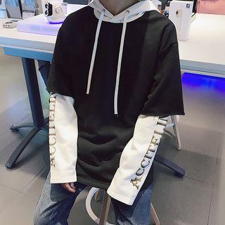 Mock Two-piece Inset Lettrting Loose-fit Hooded Plain Sweatshirt