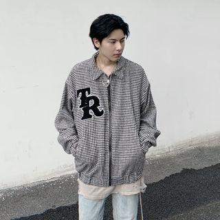 Lettering Embroidered Houndstooth Zip Jacket