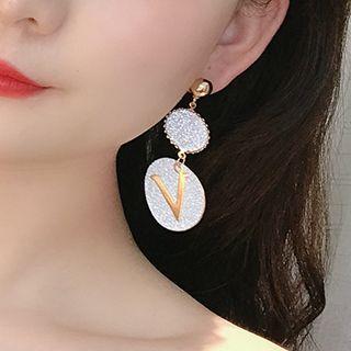 Alloy Disc Dangle Earring Be0127 - Two Discs & Letter V - One Size