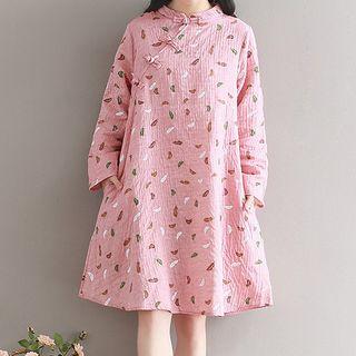 Feather Print Long-sleeve Shift Dress