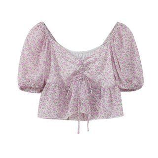 Puff-sleeve Floral Print Drawstring Crop Top