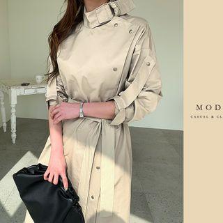 Tab-detail Long Military Coat & Sash Beige - One Size