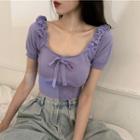 Short-sleeve Frill Trim Tie Neck Cropped Knit Top