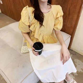 Puff-sleeve Ruffled Top / Midi A-line Skirt / Set