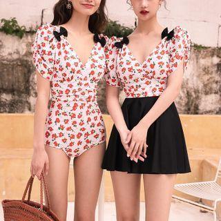 Short-sleeve Floral Print Swim Dress / Swimsuit / Skirt / Set