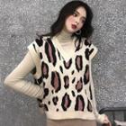 Mock Turtleneck Long-sleeve Top / Leopard Print Knit Vest / Cropped Denim Jacket