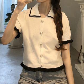 Short-sleeve Contrast Trim Embellished Knit Top