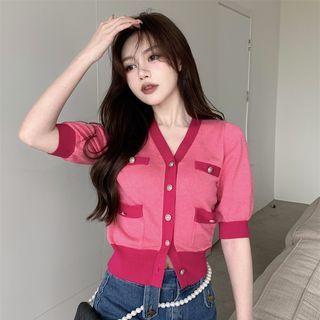 Short-sleeve Button Knit Top Pink - One Size