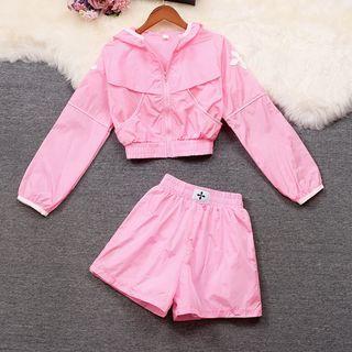 Set: Crisscross Applique Hooded Zip Jacket + Shorts