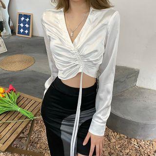Long-sleeve Collared Drawstring Crop Top