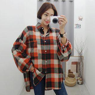 Balloon-sleeve Boxy Plaid Shirt