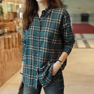 Loose-fit Plaid Shirt Blue Green - One Size