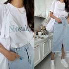 Drop-shoulder Letter Embroidered T-shirt White - One Size