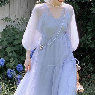 Set: Slipdress + Puff-sleeve Midi Wrap Dress