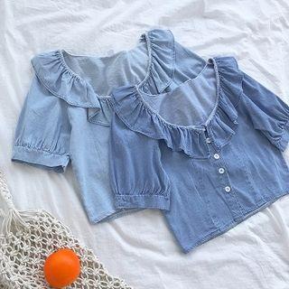 Ruffle Trim Cropped Denim Blouse
