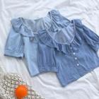 Ruffle Trim Cropped Denim Blouse