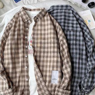 Color-block Plaid Loose-fit Long-sleeve Shirt