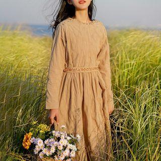 Long-sleeve Floral Embroidered Frill Trim Midi A-line Dress