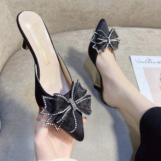 Rhinestone Bow Stiletto Heel Mules