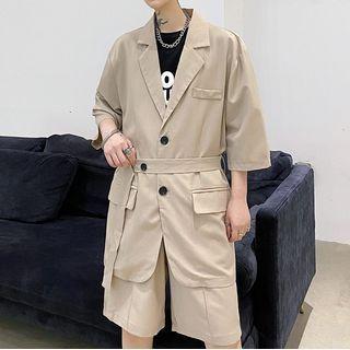 Set: Elbow-sleeve Belted Blazer + Straight Leg Shorts