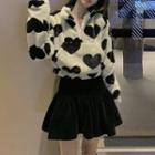 Heart Print Fluffy Sweatshirt Heart Print - Black & White - One Size