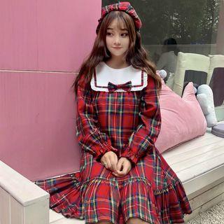 Plaid Long-sleeve A-line Dress Plaid - Red - One Size