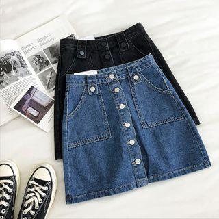 Double-pocket Single-breasted High-waist A-line Denim Skirt