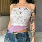 Floral Embroidered Mesh Panel Lace Tube Top