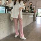 Elbow-sleeve Slit-hem T-shirt / Plaid Pants