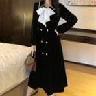 Bow Accent Double-breasted Long-sleeve Midi A-line Dress