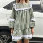 Check Long-sleeve A-line Dress Green - One Size