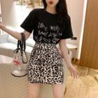 Short-sleeve Lettering T-shirt / Leopard Print Mini A-line Skirt