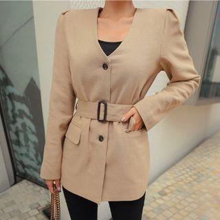 Collarless V-neck Blazer With Belt