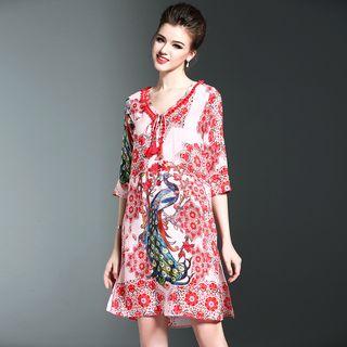Print 3/4-sleeve V-neck Dress
