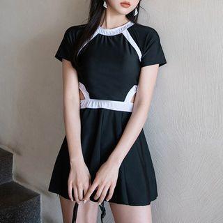 Short-sleeve Contrast Trim Cutout Swim Dress