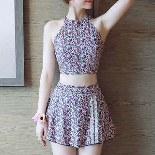 Set: Floral Print Halter Tankini Top + Swim Skirt